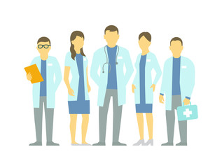 Private clinic. A group of doctors. Hospital medical services. Treatment and health. A team of doctors. Flat vector.