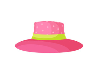 Pink hat for women. Decorated with white dots. Vector illustration on white background.