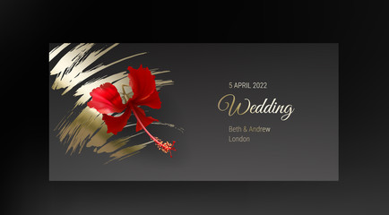 Tropical red hibiscus flower on dark black and gold background vector. Beautiful botanical design with exotic tropic jungle plant and golden paint smear. Wedding invitation card, holiday sale © klyaksun