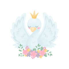 Cute swan with a crown on his head. Vector illustration on white background.