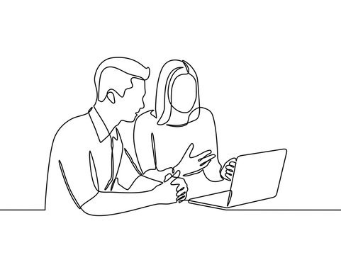 continuous line drawing of a woman is explaining material inside a laptop to a man. Two teen browsing a laptop searching information online. vector illustration isolated on white background