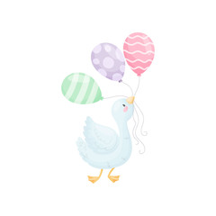 Cute gosling with balloons. Vector illustration on white background.