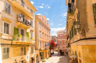 Fototapeta na wymiar corfu city centers houses windows architecture spring colors greece