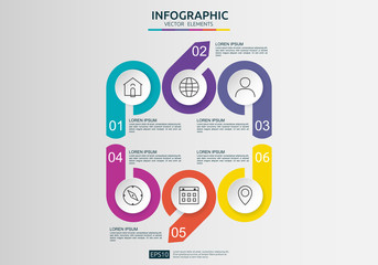 Fototapeta premium 6 steps infographic. timeline design template with 3D paper label, integrated circles. Business concept with options. For content, diagram, flowchart, steps, parts, workflow layout, chart.