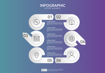 Fototapeta premium 6 steps infographic. timeline design template with 3D paper label, integrated circles. Business concept with options. For content, diagram, flowchart, steps, parts, workflow layout, chart.