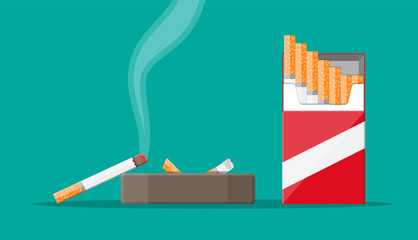 Ceramic ashtray full of smokes cigarettes. Crockery for smoking. Cigarette paper package. Unhealthy lifistyle. Vector illustration in flat style © absent84