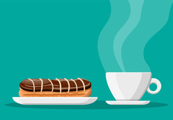 Coffee cup and eclair cake. Coffee hot drink. Concept for cafe, restaurant, menu, desserts, bakery. Breakfast view. Vector illustration in flat style