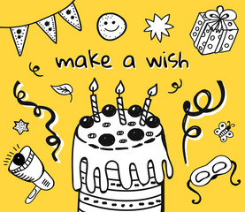 Birthday card with congratulation and hand drawn elements. Vector illustration.