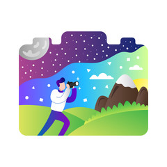 Photographer concept. Outdoor shooting session. Gradient colors. Web banner. Vector illustration.