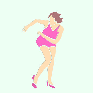 Single dancing woman in short pink dress. Female silhouette. Retro style. Applique or paper cut style. Colorful vector illustration.