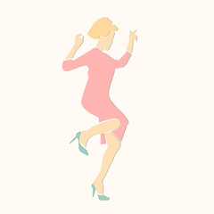 Single dancing blond woman in pink dress. Retro style. Applique or paper cut style. Colorful vector illustration.