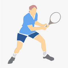 Fototapeta na wymiar Male tennis player with racket. Colorful abstract cartoon. Athlete in active pose. Applique or paper cut style. Vector illustration.