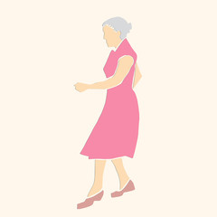 Single dancing old woman. Retro style. Applique or paper cut style. Colorful vector illustration.