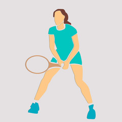 Fototapeta na wymiar Female tennis player with racket. Colorful abstract cartoon. Girl is playing tennis. Athlete in active pose. Professional sport or hobby. Applique or paper cut style. Vector illustration.