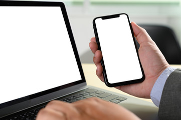 Laptop with blank screen on table. Workspace background new project on laptop computer with blank copy space screen for your advertising text message