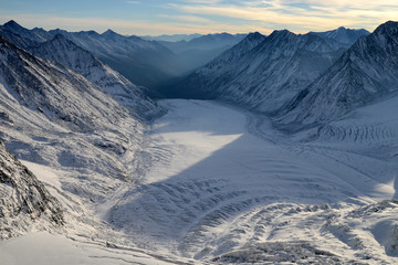 Gorgeous mountainous landscape. Mensu glacier at sunrise. Altai Republic, Siberia, Russia.