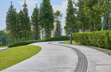 The stone walk path way  in the park with green grass background .