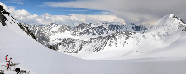 Mountainous landscape with ice pick. View at South Chuya Mountain Range from slope of IIktu Peak. ltai Republic, Siberia, Russia.