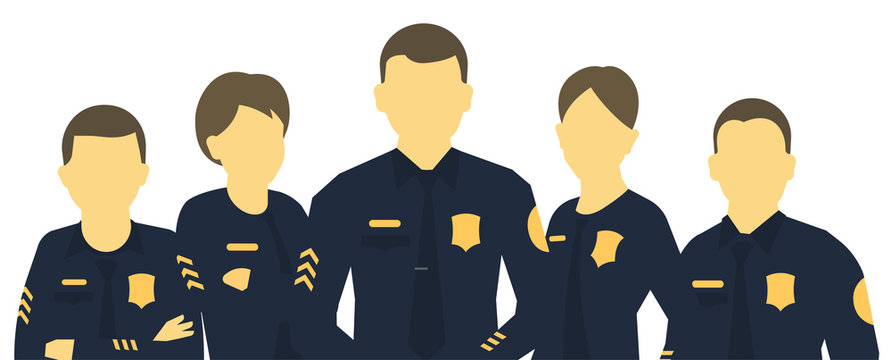 Police team. A group of policemen. Horizontal head banner. Women and men in uniform. Law and order. Law enforcement officers. Flat vector.