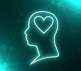 Love theme. Man head silhouette with heart as brains. Side view. Neon bulb illumination. 3D rendering