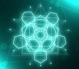 Mystical geometry symbol. Linear alchemy, occult, philosophical sign. For music album cover, poster, sacramental design. Astrology and religion concept. Neon bulb illumination. 3D rendering