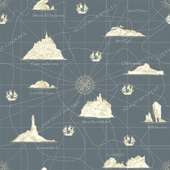 Vector abstract seamless background on the theme of travel, adventure and discovery. Old hand drawn map with islands, lighthouses, sailboats and inscriptions in retro style