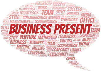 Business Present word cloud. Collage made with text only.