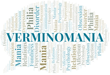 Verminomania word cloud. Type of mania, made with text only.