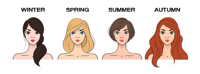 Set of Seasonal color types for women skin beauty. Summer, Autumn, Winter, Spring. Vector illustration