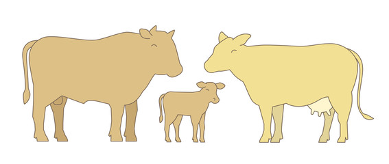 Bull, cow and their calf. Family. Milk farm. Breeding cow. Cattle raising. Flat vector.