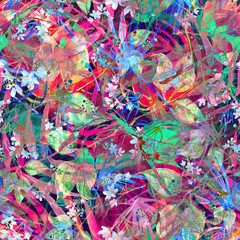 Creative seamless watercolor pattern of plants, Herbs, flowers, poppy, rose, peony. Tropical leaves,palms, bamboo, branch, flowers watercolor, stylish pattern. Abstract paint splash. Art background