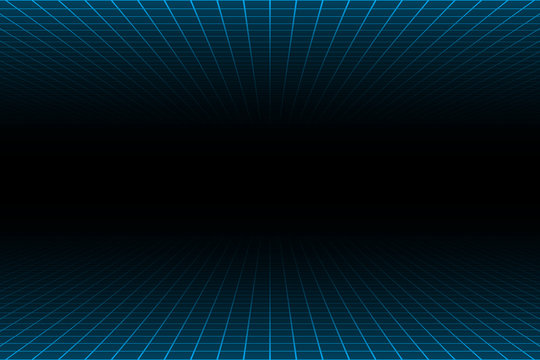 Central perspective over and under blue light grid on dark background, futuristic retro style.