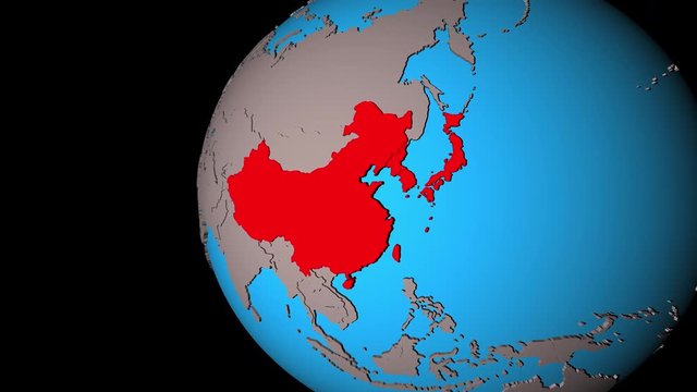 Closing in on East Asia on political 3D globe. 3D illustration.