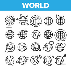 World, Globe, Planet Earth Vector Linear Icons Set. Traveling Around Planet, Chatting With Foreigners. Worldwide Web Outline, Lineart. World Travel, Rotation And Communication Thin Line Illustration