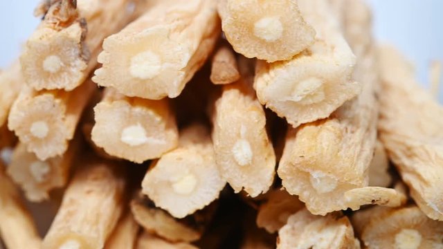 side view herb medicine DangShen or Codonopsis Radix or Pilose Asiabell Root rotate and pause