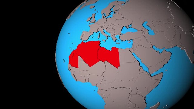 Closing in on Maghreb region on political 3D globe. 3D illustration.