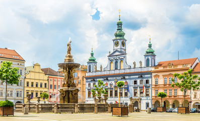 Fototapeta na wymiar Main square of Ceske Budejovice with Samson fountain and Town Hall building - Czech Republic