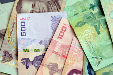 Thai baht various banknotes closeup. Money background