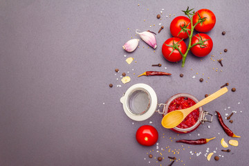 Tomato confiture, jam, chutney, sauce. Homemade preservation concept