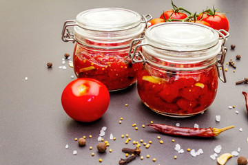 Tomato confiture, jam, chutney, sauce. Homemade preservation concept