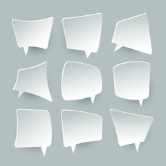Paper speech bubbles. White blank thought balloons, shouting box. 