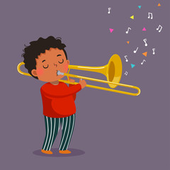 Cute boy playing the trombone on purple background