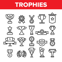 Trophies And Medals For First Place Vector Linear Icons Set. Winner, Reward. Best Result In Competition, Win In Tournament outline cliparts. Awarding Ceremony, Championship Thin Line Illustration