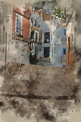 Fototapeta na wymiar Digital watercolour painting of Typical old Mediterranean alley between old houses