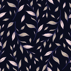 Floral seamless pattern. Vector branches with leaves on dark background. Design for fabrics, wallpapers, textiles, web design.