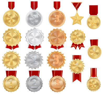 Medal vector gold award of winner symbol on sport competition achievement illustration championship set of golden silver medallion prize isolated on white background