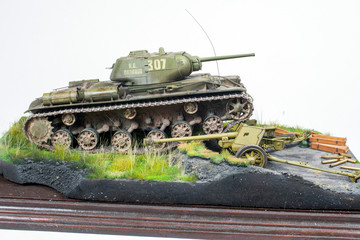 Soviet medium tank KV-1C, destroys enemy guns on the battlefield. Kursk battle. in the summer of...