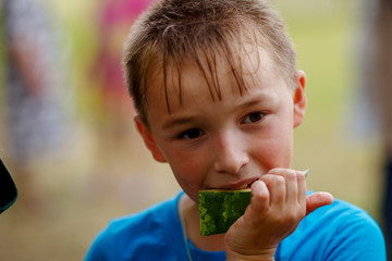 a boy in a blue t-shirt ,shot on a cloudy summer day