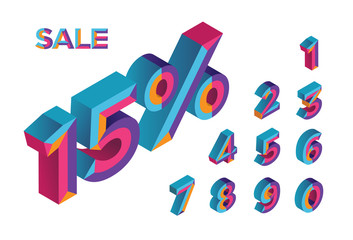 15% sale. 0, 1, 2, 3, 4, 5, 6, 7, 8, 9 isometric 3D numeral alphabet. Percent off, sale background. Colorfull polygonal triangle Letter. Eps10. Vector Isolated Number.
