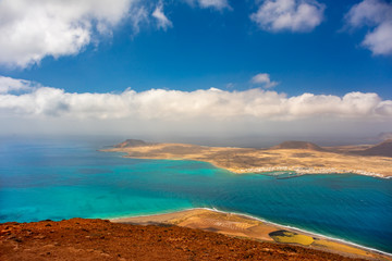 beautiful volcanic island Lanzarote - panoramic view from Mirador del rio. Canary islands